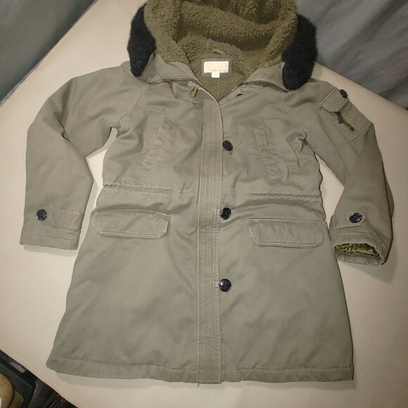 Michael Kors Hooded Parka Coat Size Large Olive Faux Fur Trim Sherpa Lining - Picture 13 of 14